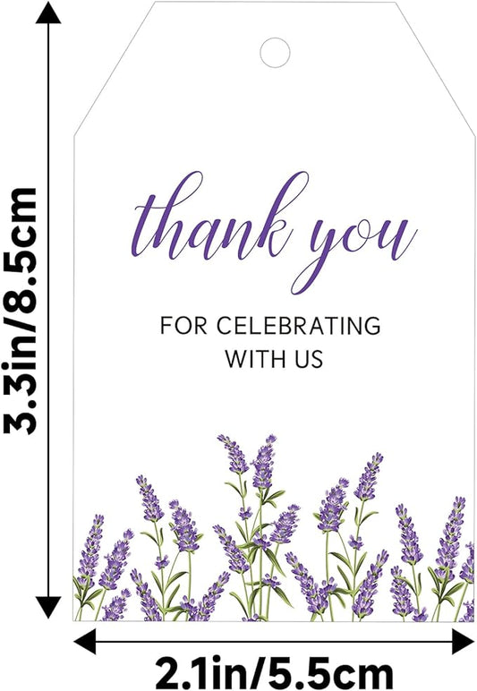 G2PLUS 50Pcs Lavender Thank You Tags - Floral Gift Tags with String, Thank You for Celebrating with Us Tag, White Paper Party Favors Hangtag for Wedding, Baby Shower, Bridal Shower, Birthday