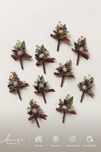 Ling's Moment Boutonniere for Men, 10pcs Groomsmen Guest Boutonniere, Artificial Flowers for Wedding Décor/Prom/Homecoming,etc.Black Baccara Burgundy