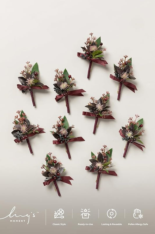 Ling's Moment Boutonniere for Men, 10pcs Groomsmen Guest Boutonniere, Artificial Flowers for Wedding Décor/Prom/Homecoming,etc.Black Baccara Burgundy