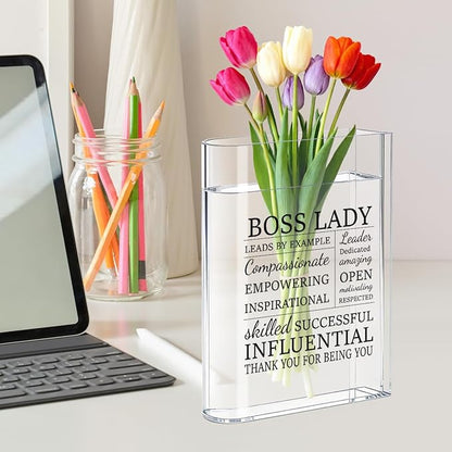 Boss Lady Bosses Day Gifts for Women Men Manager Funny Office Decor for Women Wooden Acrylic Book Flower Vase National Boss Day Decorations Gifts for Leader HR Men Manager Office Bookshelf Desk Decor