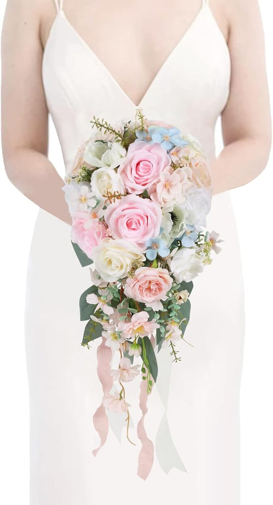 Blush Pink Wedding Bouquets for Bride,10 Inch Fake Cascading Bridal Bouquet Silk Faux Flowers for Ceremony Anniversary Wedding Bridal Shower(Light Pink)
