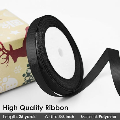 25 Yards 3/8 inch Satin Ribbon, Solid Color Fabric Ribbon Perfect for Gift Wrapping, Wedding, Handmade Bows, Floral Bouquets and Party Decoration(Black)