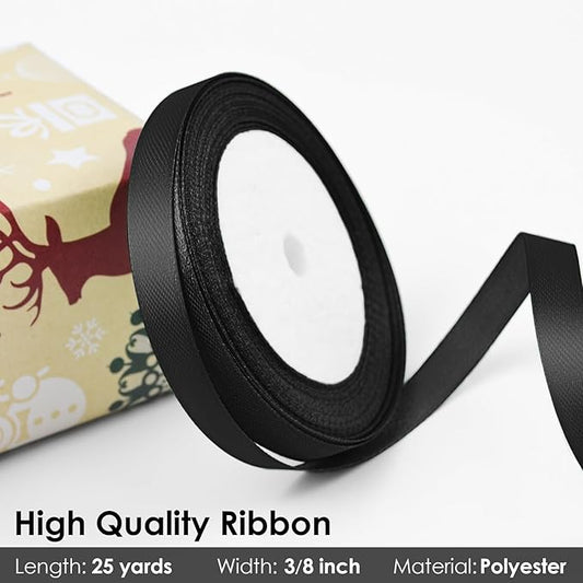25 Yards 3/8 inch Satin Ribbon, Solid Color Fabric Ribbon Perfect for Gift Wrapping, Wedding, Handmade Bows, Floral Bouquets and Party Decoration(Black)
