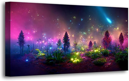 Fantastic Starry light Canvas Wall Art for Living room Office Bedroom Purple Dream Wall Art Print Paintings Modern Forest Fog Pictures Wall Decor Artwork Waterproof Ready to Hang - 24in * 48inch