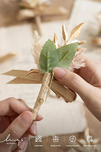 Ling's Moment Boutonniere for Men, 10pcs Groomsmen Guest Boutonniere, Artificial Flowers for Wedding Décor/Prom/Homecoming,etc.Beige