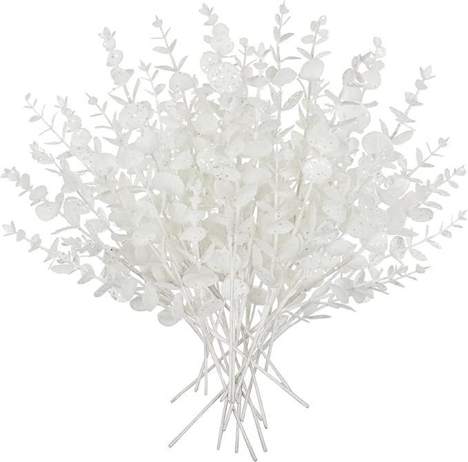 Hollyone 20 Pcs Glitter Artificial Eucalyptus Branches 13" Christmas Christmas Tree Picks and Sprays White Fake Eucalyptus Leaves for DIY Christmas Tree Garland Wreath Crafts Home Decoration