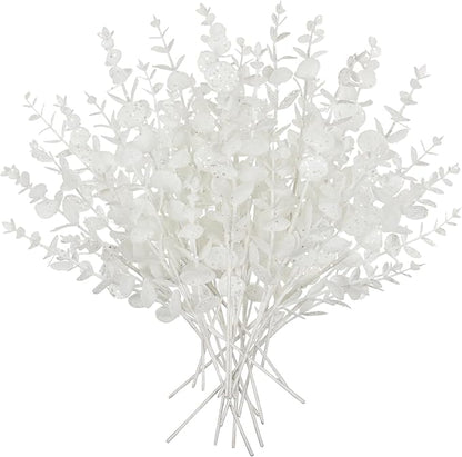Hollyone 20 Pcs Glitter Artificial Eucalyptus Branches 13" Christmas Christmas Tree Picks and Sprays White Fake Eucalyptus Leaves for DIY Christmas Tree Garland Wreath Crafts Home Decoration