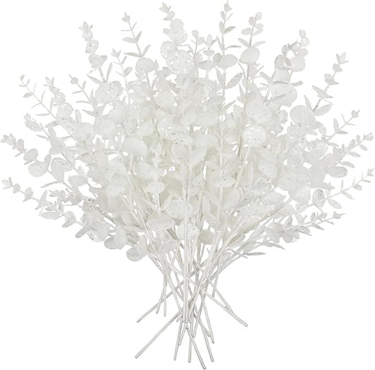 Hollyone 20 Pcs Glitter Artificial Eucalyptus Branches 13" Christmas Christmas Tree Picks and Sprays White Fake Eucalyptus Leaves for DIY Christmas Tree Garland Wreath Crafts Home Decoration