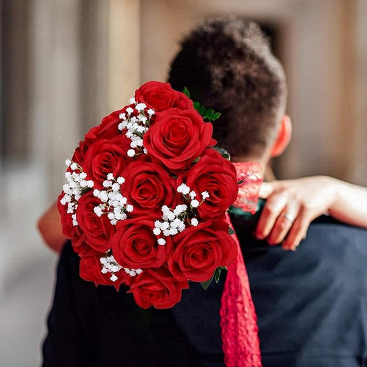 Kisflower 12 Pcs Red Roses Artificial Flowers with Stems Silk Roses Fake Rose Realistic Flower Bouquet for Wedding Party Office Home Decor (Red)