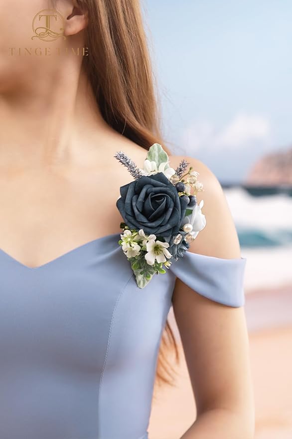 TINGE TIME Artificial Shoulder Corsages Flowers, Set of 2, Mother of The Bride Floral Corsage for Wedding Ceremony Anniversary Formal Dinner Party (Dusty Blue)