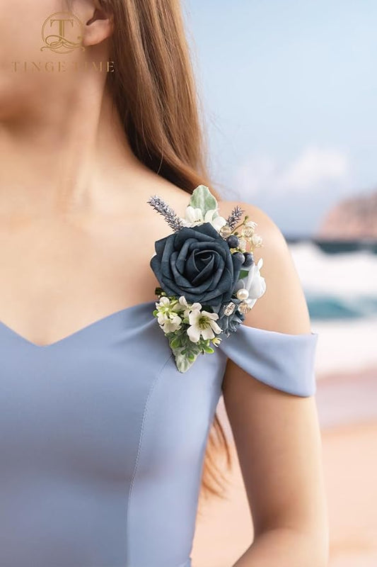 TINGE TIME Artificial Shoulder Corsages Flowers, Set of 2, Mother of The Bride Floral Corsage for Wedding Ceremony Anniversary Formal Dinner Party (Dusty Blue)