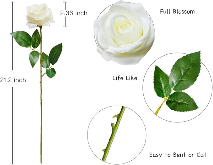 DuHouse 10pcs Fake Roses Artificial Silk Flowers Faux Rose Flower Long Stems Bouquet for Arrangement Wedding Centerpiece Party Home Kitchen Decor(Ivory-White Long Stem)