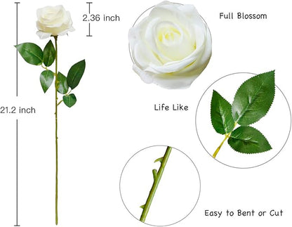 DuHouse 10pcs Fake Roses Artificial Silk Flowers Faux Rose Flower Long Stems Bouquet for Arrangement Wedding Centerpiece Party Home Kitchen Decor(Ivory-White Long Stem)