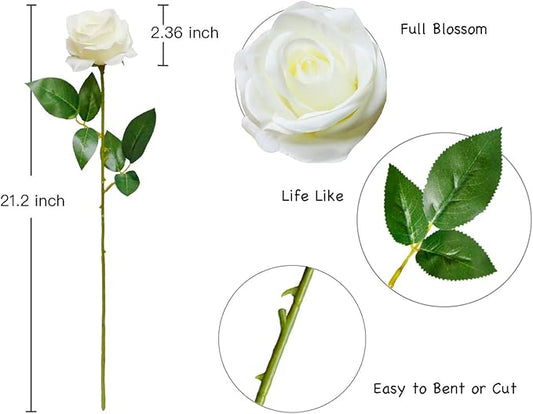 DuHouse 10pcs Fake Roses Artificial Silk Flowers Faux Rose Flower Long Stems Bouquet for Arrangement Wedding Centerpiece Party Home Kitchen Decor(Ivory-White Long Stem)