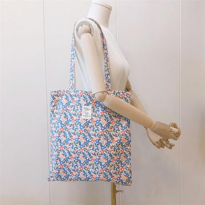 Cotton Canvas Tote Bag Reusable Soft Grocery Cloth Bag Floral Shoulder Bag for Beach Travel Shopping
