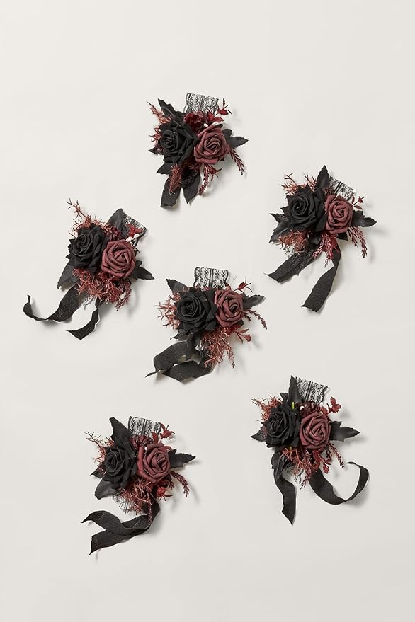 Ling's moment 6pcs Wedding Wrist Corsage Artificial Flowers, Girl/Mother Homecoming Prom Corsages Wristlet Halloween Décor, etc. Black Gothic Burgundy