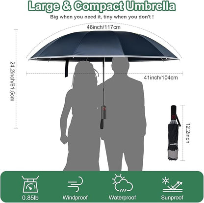 4-in-1 Inverted Travel Umbrella Compact, Automatic Large Umbrellas for Rain & Sun, Portable Windproof Umbrella for Backpack, Reverse Folding Umbrella for UV with Reflective Strips,Lightweight