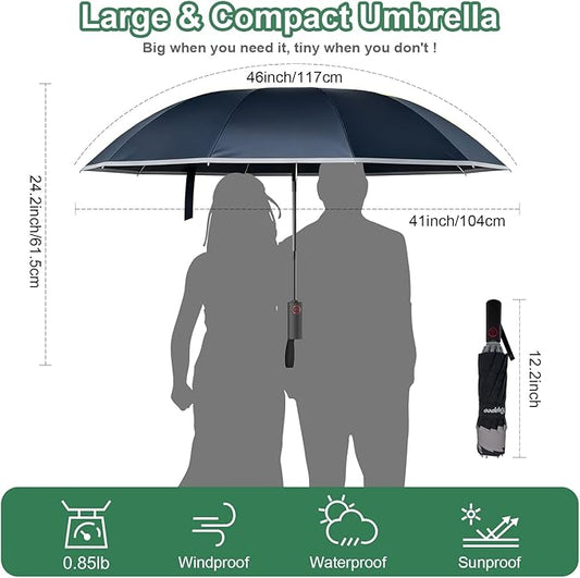 4-in-1 Inverted Travel Umbrella Compact, Automatic Large Umbrellas for Rain & Sun, Portable Windproof Umbrella for Backpack, Reverse Folding Umbrella for UV with Reflective Strips,Lightweight