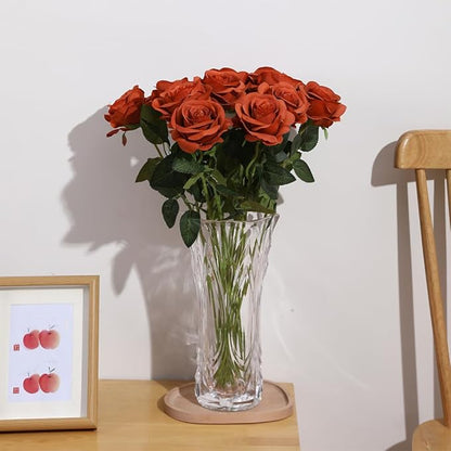 Laelfe 12 PCS Artificial Flowers Roses Silk Flowers Fake Long Stem Artificial Roses for Home Wedding Bathroom Kitchen Decorations(Brown Orange)