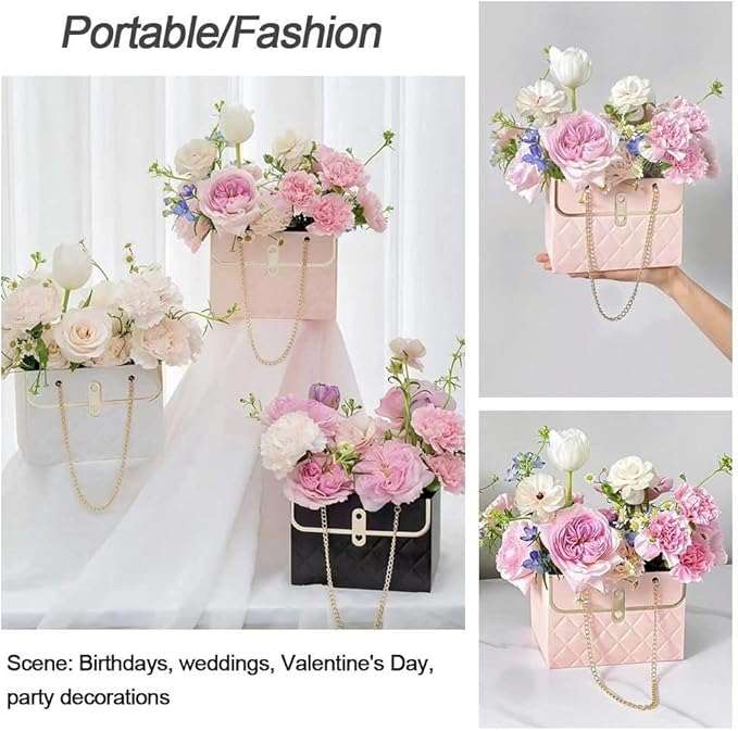 NADUSEP 4 PCS Flower Paper Gift Box, Wedding Bouquet Storage Bucket Florist Handbag with Metal Chain Flower Boxes Gift Wrap Bag for Bridal Shower Wedding Valentine's Day Mother's Day Birthday Festivals Party (Black Pink)
