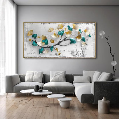 Wall Art Ginkgo Leaf Modern Botanical Artwork Canvas Painting for Living Room Bedroom Dining Room Home Office Decor 30"x60" with Framed