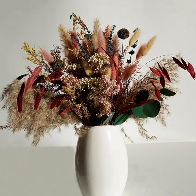 Natural Dried Pampas Grass Bouquet,17" Natural Dried Flower Bouquet，Pampas Grass Silver Dollar Leaf Decoration， Bohemian Style Family Wedding Country Farmhouse Decorated with Dried Flowers