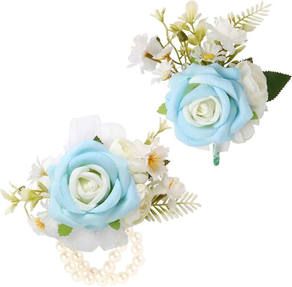 Wrist Corsage and Boutonniere Set, Artificial Rose Corsage Wristlet and Boutonniere for Wedding Prom Party (Blue, 2pcs)