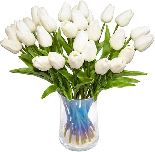 Artificial Tulips Flowers Real Touch Tulips Holland PU Bouquet Latex Flower White for Wedding Party Office Home Kitchen Decoration 30pcs (White) Artificial