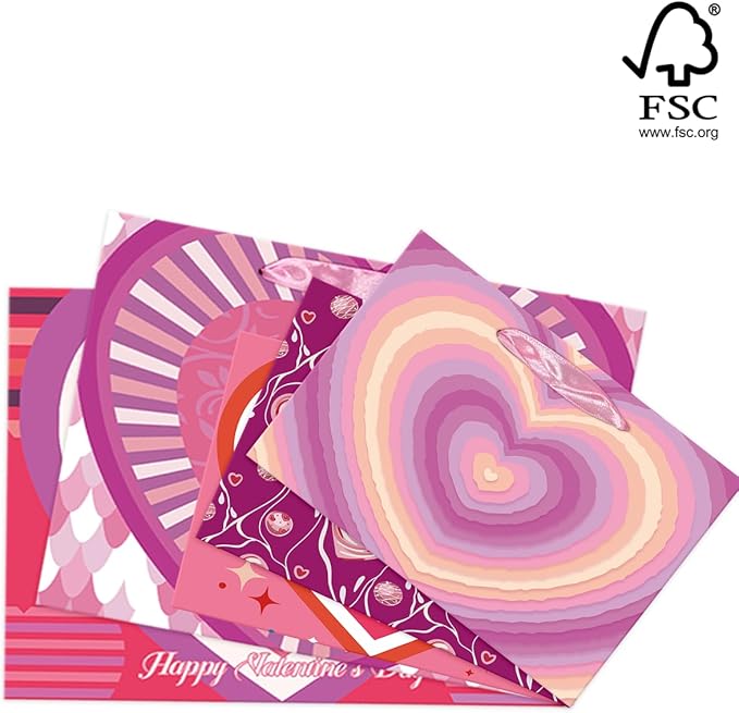 qiqee Valentine 5PCS Wide Gift Bag with Tissue Paper Assorted Size Present Wrap Bags For Lover (3 PCS Medium Size+2 PCS Large Size)