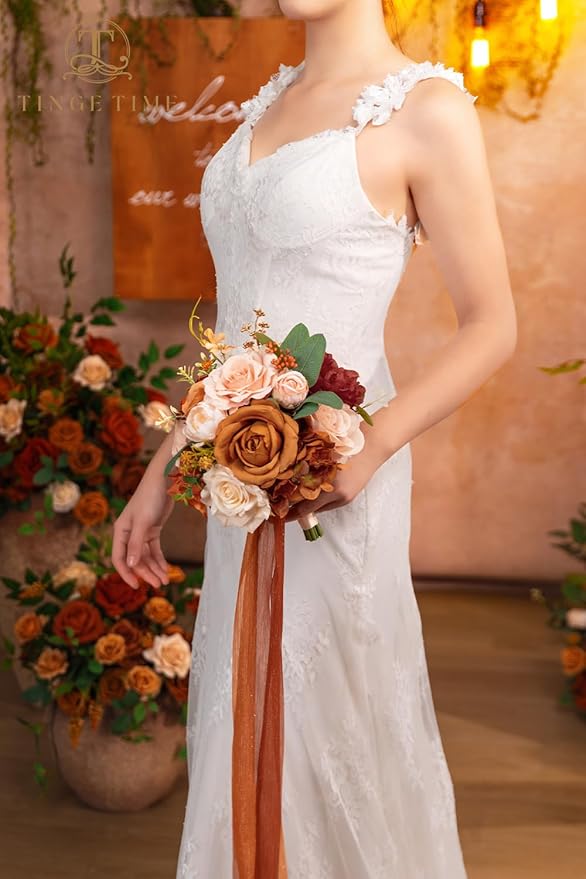TINGE TIME Artificial 9 Inch Bridal Bouquet, Terracotta Flower Bouquet with Roses for Bride, Bridal Tossing Bouquet for Fall Wedding Ceremony Anniversary Bridal Showers Wedding Church Decoration