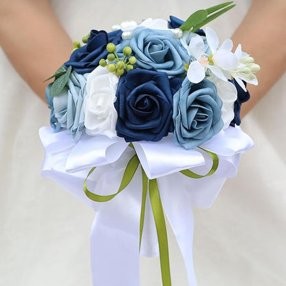 Lightweight Bridal Wedding Bouquet Round Holding Bouquet Throw Toss Artificial Rose Flower Bunch for Bride Bridesmaid Wedding Quinceanera (White & Shades of Blue, 7.9")