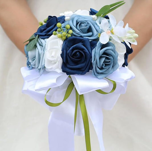 Lightweight Bridal Wedding Bouquet Round Holding Bouquet Throw Toss Artificial Rose Flower Bunch for Bride Bridesmaid Wedding Quinceanera (White & Shades of Blue, 6.7")