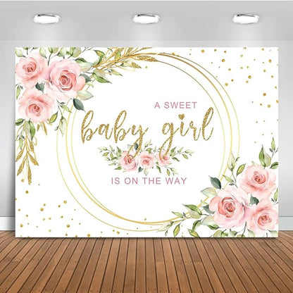 Mocsicka Floral Sweet Girl Baby Shower Backdrop It's a Girl Baby Shower Background Watercolor Pink Party Cake Table Decoration Photo Booth Props (7x5ft)