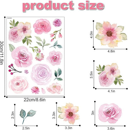 Floral Wall Decals Peel and Stick | 60PCS Watercolor Peony Flower & Leaves Stickers | Removable Vinyl Wall Art for Girls Bedroom, Nursery, Living Room | Pastel Home Decor