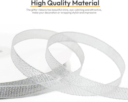 KMER LIFE 3/8 inch x 50 Yards Glitter Silvery Ribbon, Sparkly Metallic Fabric Ribbons, Perfect for Gifts Wrapping, Sewing, Decoration for Christmas, Valentines Day