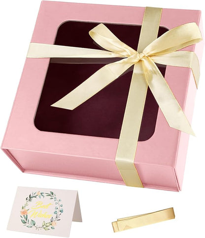 TIACABO Pink Gift Box with Window,7.5"x7.5"x3.1" Bridesmaid Boxe for Gifts Giving,Birthday Gift Boxes with Magnetic,Closure Lid Gifts Boxes for Presents,Cute Box,Luxury for Gift Packaging