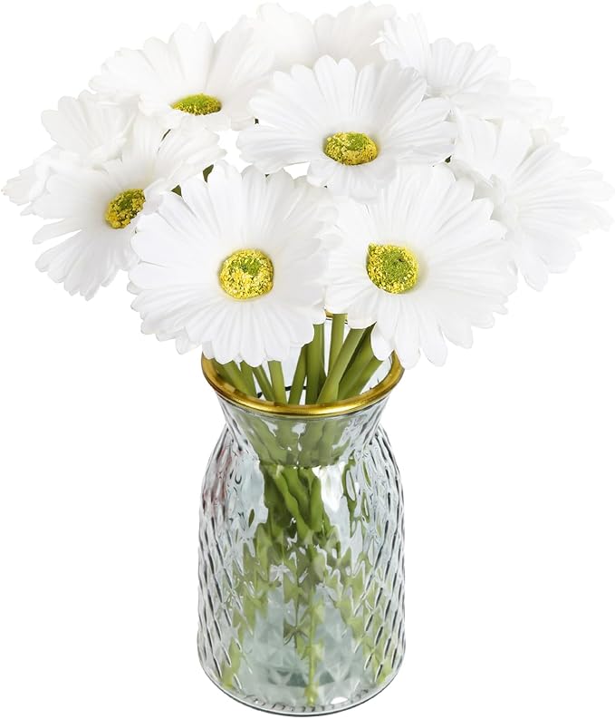 IPOPU Gerbera Daisy Artificial Flowers,20PCS White Daisy Artificial Flowers Fake Daisies for Wedding Party Office Home Decorations(White)