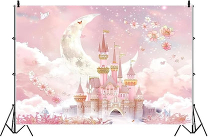 AOFOTO Castle Backdrop Princess Spring Pink Floral Moon Printed Fairy Tale Photography Background for Girl Birthday Baby Shower Party Banner Home Decor Wall Photo Studio Booth Props 10x7ft