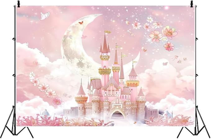 AOFOTO Castle Backdrop Princess Spring Pink Floral Moon Printed Fairy Tale Photography Background for Girl Birthday Baby Shower Party Banner Home Decor Wall Photo Studio Booth Props 12x8ft