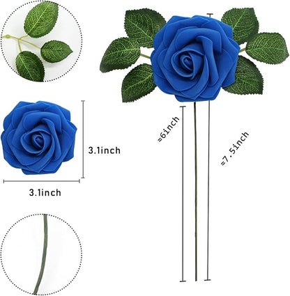 Artificial Roses Flowers 50pcs Real Looking Foam Fake Roses with Stems for DIY Wedding Bouquets Bridal Shower Centerpieces Party Decorations (50, Navy Blue)