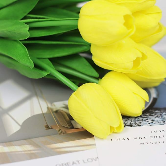 MACTING Artificial Tulips, 22Pcs Latex Tulips Artificial Flowers Bouquet for Party Home Wedding Decoration, Yellow