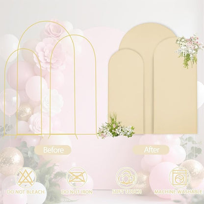 WEERRW Wedding Arch Cover Beige Spandex Fitted Set of 3 Balloon Arch Stand Covers Round Top Chiara Stretchy Backdrop for Birthday Party Baby Shower Banquet Decoration (6FT, 6.6FT, 7.2FT)