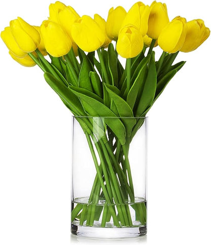 ENOVA FLORAL 20 Pieces Yellow Real Touch Tulips Artificial Flowers in Vase, Fake Tulips Arrangements with Vase and Faux Water for Home Wedding Decoration, Dining Table (Yellow)