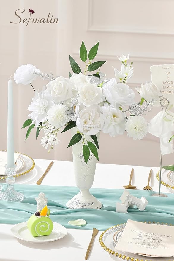 Serwalin White Artificial Flowers, Fake Silk White Flowers for DIY Wedding Bouquets, Wedding Cake Flowers for Table Centerpieces Baby Shower Birthday Party Home Decorations