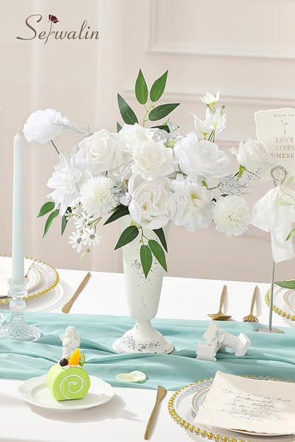 Serwalin White Artificial Flowers, Fake Silk White Flowers for DIY Wedding Bouquets, Wedding Cake Flowers for Table Centerpieces Baby Shower Birthday Party Home Decorations