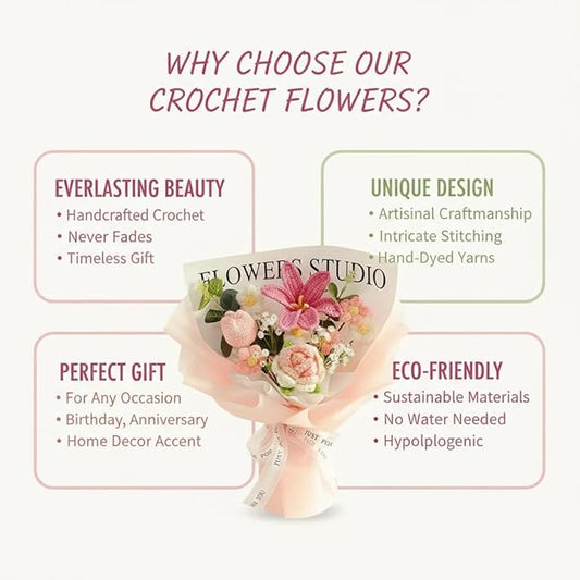 Crochet Flower Bouquet Pink Knitted Flowers, Crochet Tulip Galsang Flower for Lover Anniversary Birthday Party Mother's Day Graduation Gifts