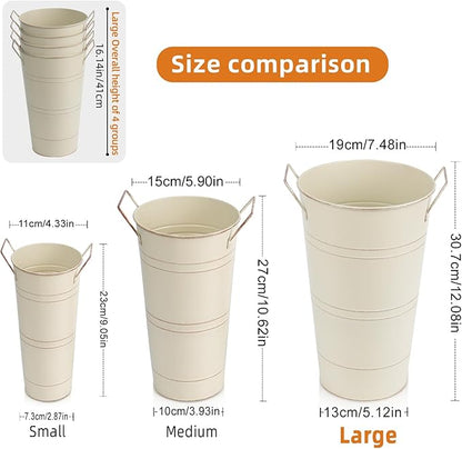 Notakia 12 Inch Large Galvanized Metal Vases Farmhouse French Flower Bucket Vases for Cut Flowers for Home Decor and Wedding Table Centerpiece Decorations (Large Beige 4Pcs)
