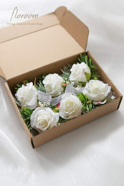 Floroom 3pairs Ivory Rose Wrist Corsage Wristlet Band Bracelet and Men Boutonniere Set for White Wedding Prom