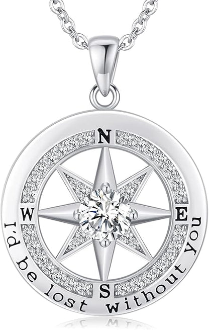 S925 Necklace Gift for Wife |Compass Jewelry |Women Anniversary |Sterling Silver |Girlfriend Birthday Gifts for Her Valentines |I'd be Lost without You |Jewel 18K Gold