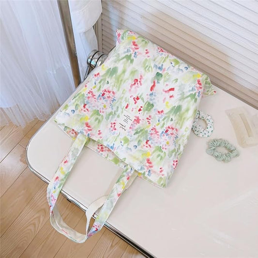 Cotton Canvas Tote Bag Reusable Soft Grocery Cloth Bag Floral Shoulder Bag for Beach Travel Shopping